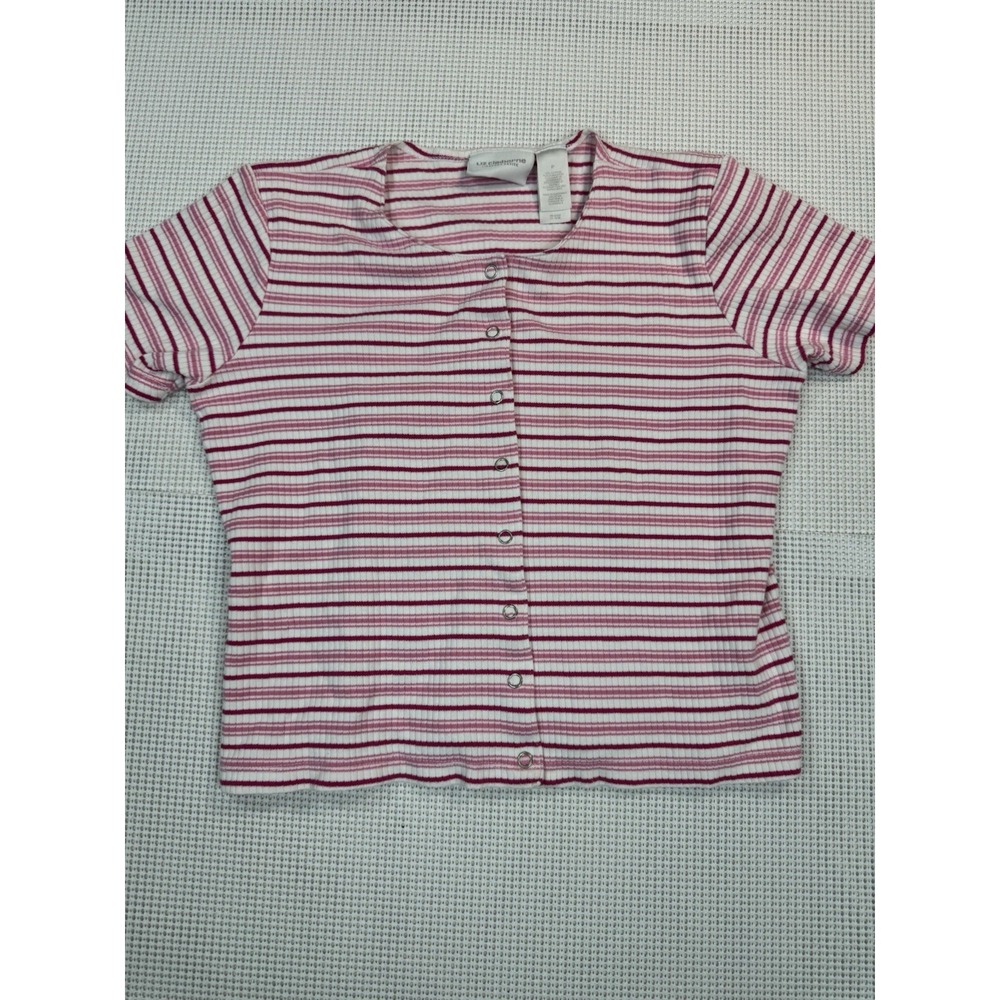 Liz Claiborne Lizsport Petite Pink White Striped Ribbed Knit Snap Front Top P